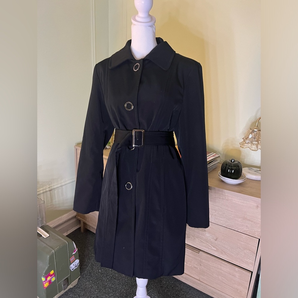 ANNE KLEIN Black Button Down Belted Trench Coat Mid-Length Jacket Silver Details